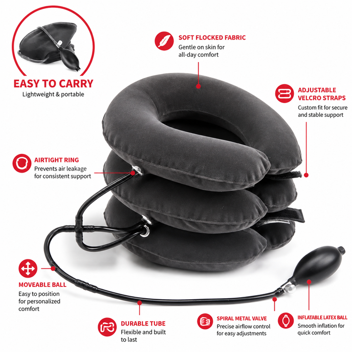 Premium Inflatable Neck Collar Adjustable Cervical Support Pillow Portable Neck Support with Hand Pump for Travel Work Daily Use Comfort Fit