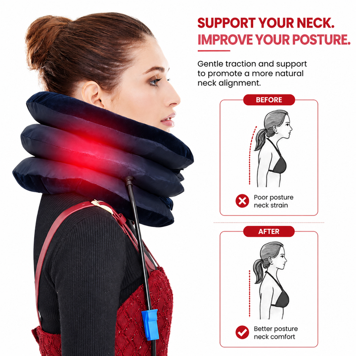 Premium Inflatable Neck Collar Adjustable Cervical Support Pillow Portable Neck Support with Hand Pump for Travel Work Daily Use Comfort Fit