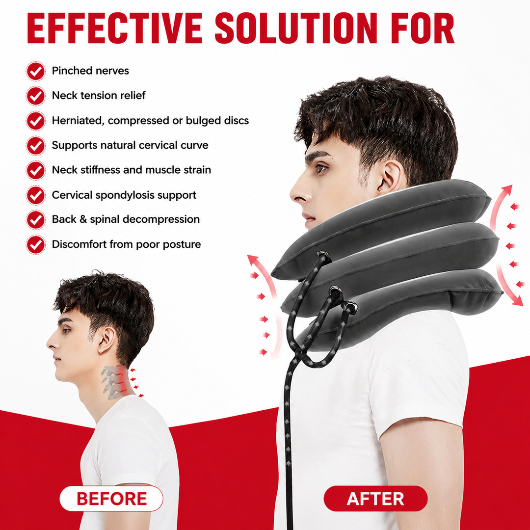 Premium Inflatable Neck Collar Adjustable Cervical Support Pillow Portable Neck Support with Hand Pump for Travel Work Daily Use Comfort Fit