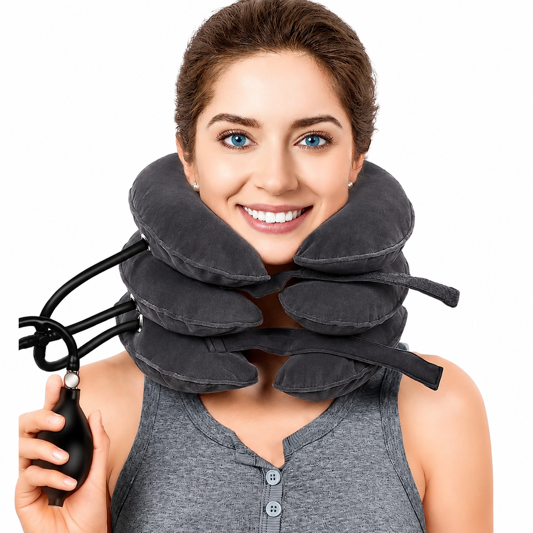 Premium Inflatable Neck Collar Adjustable Cervical Support Pillow Portable Neck Support with Hand Pump for Travel Work Daily Use Comfort Fit