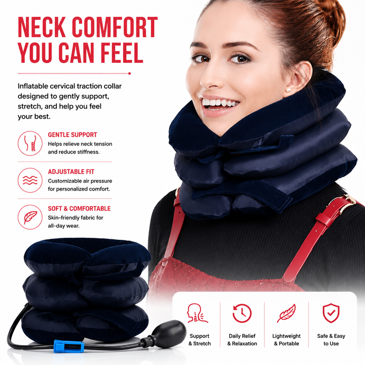 Premium Inflatable Neck Collar Adjustable Cervical Support Pillow Portable Neck Support with Hand Pump for Travel Work Daily Use Comfort Fit