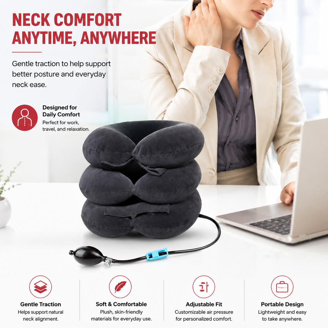 Premium Inflatable Neck Collar Adjustable Cervical Support Pillow Portable Neck Support with Hand Pump for Travel Work Daily Use Comfort Fit