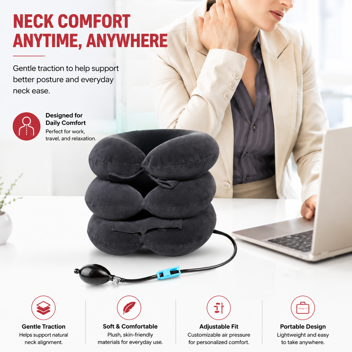 Premium Inflatable Neck Collar Adjustable Cervical Support Pillow Portable Neck Support with Hand Pump for Travel Work Daily Use Comfort Fit