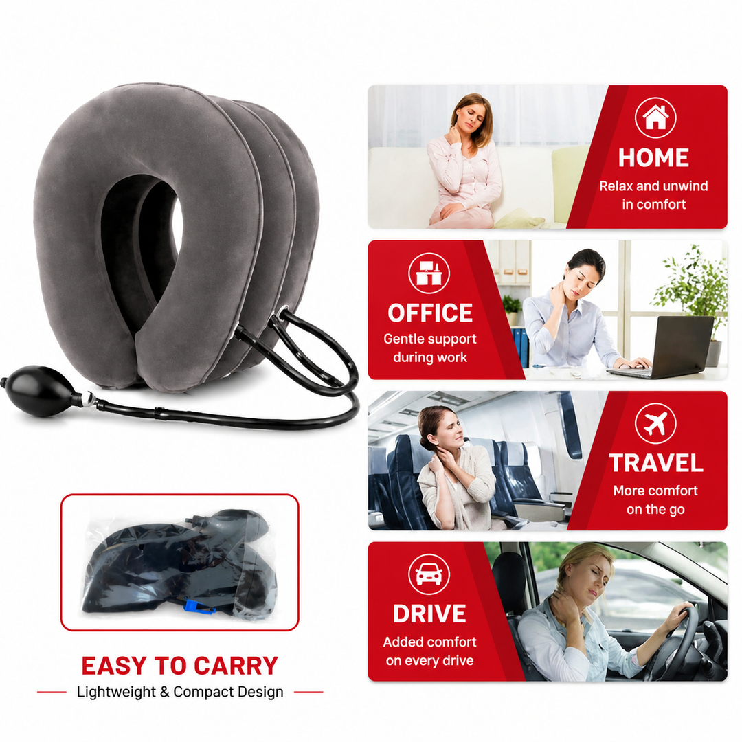 Premium Inflatable Neck Collar Adjustable Cervical Support Pillow Portable Neck Support with Hand Pump for Travel Work Daily Use Comfort Fit