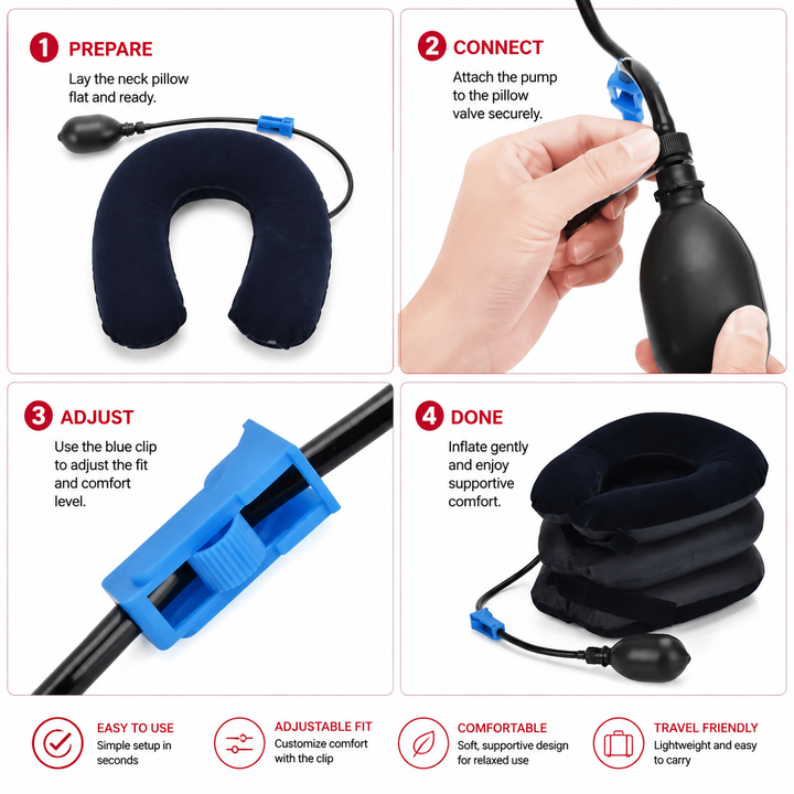 Premium Inflatable Neck Collar Adjustable Cervical Support Pillow Portable Neck Support with Hand Pump for Travel Work Daily Use Comfort Fit