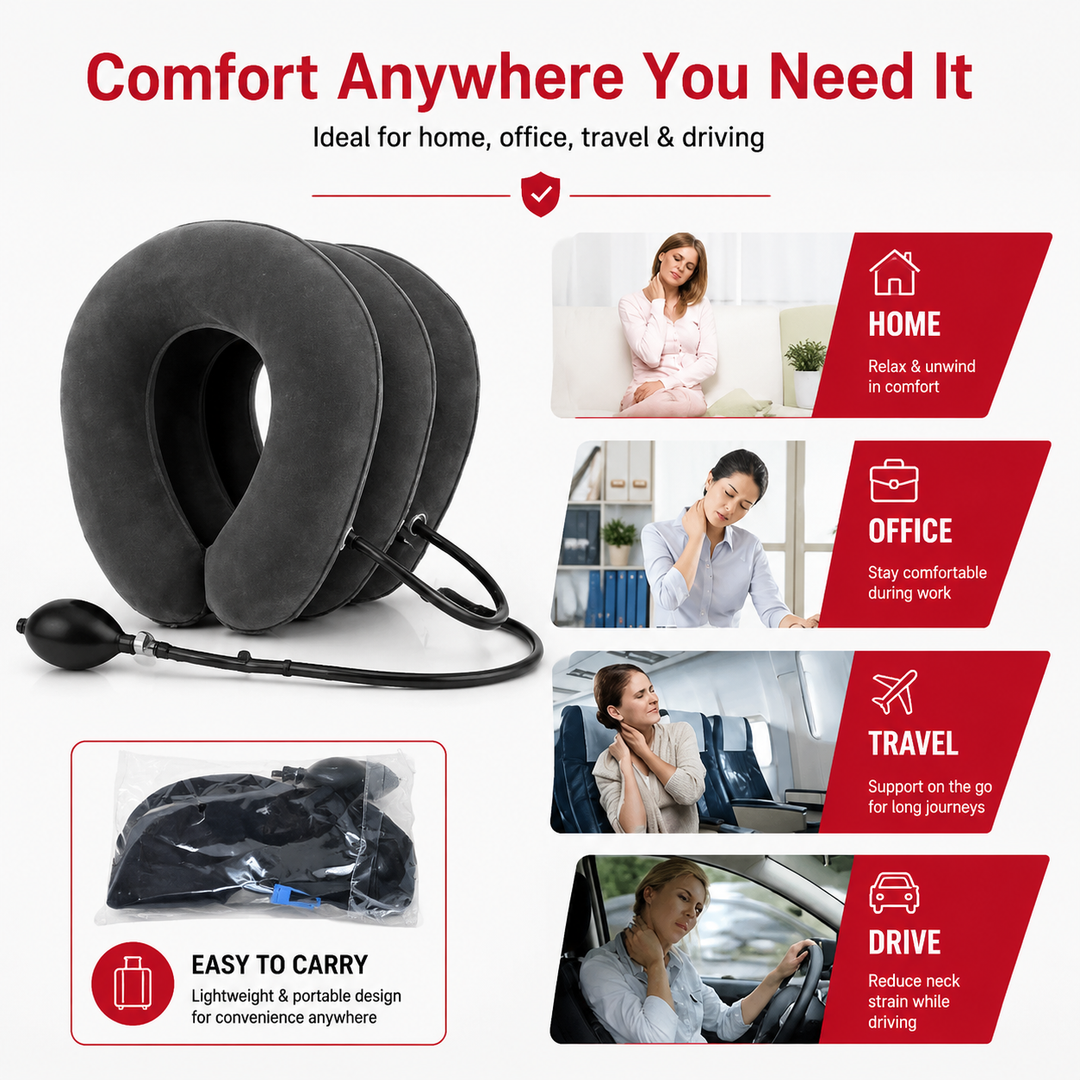 Premium Inflatable Neck Support Collar Pillow Cervical Traction Adjustable Air Neck Brace Posture Support Pain Relief Cushion Portable Travel Neck Relaxer