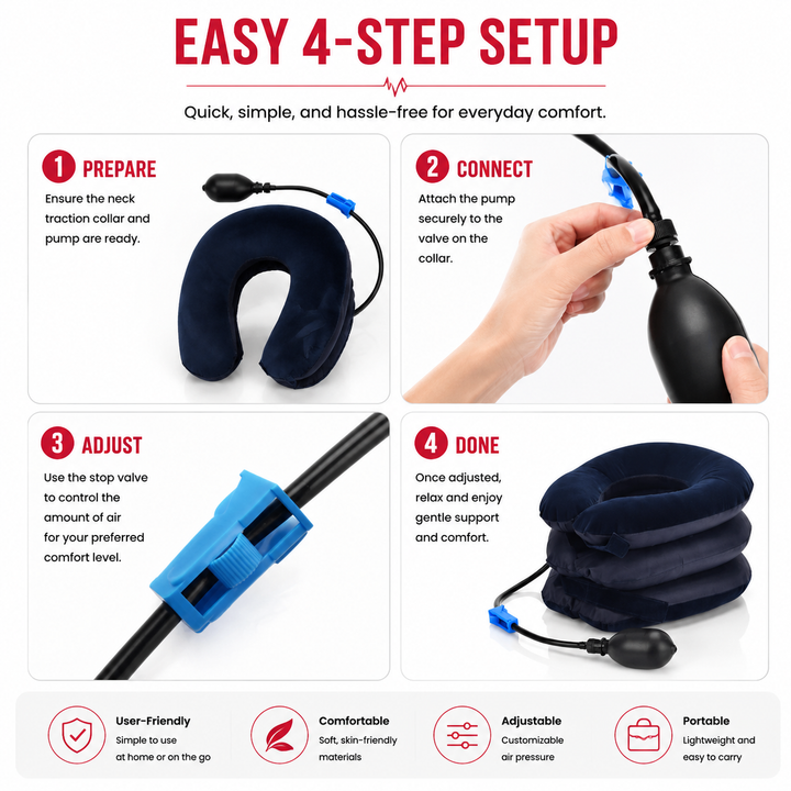 Premium Inflatable Neck Support Collar Pillow Cervical Traction Adjustable Air Neck Brace Posture Support Pain Relief Cushion Portable Travel Neck Relaxer