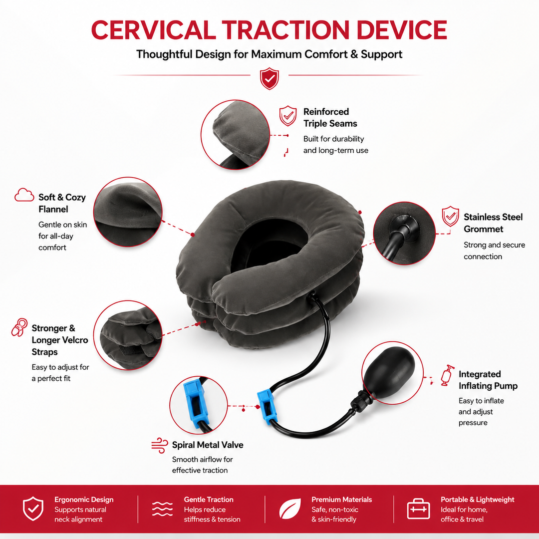 Premium Inflatable Neck Support Collar Pillow Cervical Traction Adjustable Air Neck Brace Posture Support Pain Relief Cushion Portable Travel Neck Relaxer