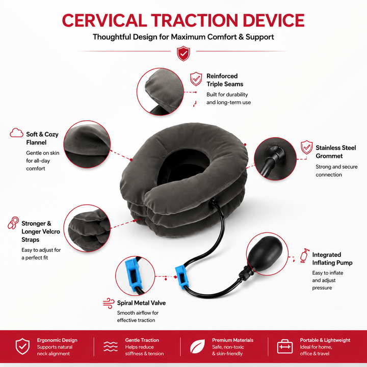 Premium Inflatable Neck Support Collar Pillow Cervical Traction Adjustable Air Neck Brace Posture Support Pain Relief Cushion Portable Travel Neck Relaxer