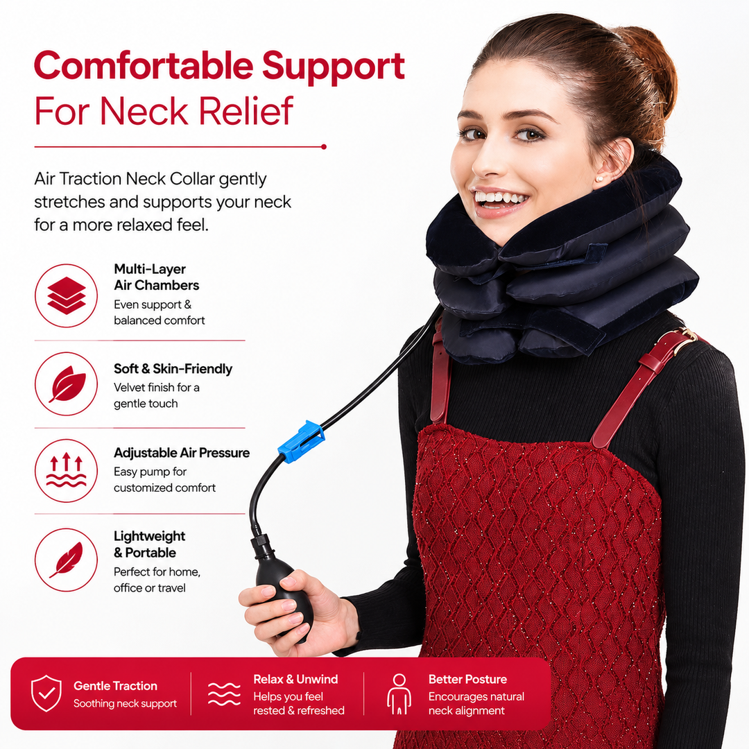 Premium Inflatable Neck Support Collar Pillow Cervical Traction Adjustable Air Neck Brace Posture Support Pain Relief Cushion Portable Travel Neck Relaxer