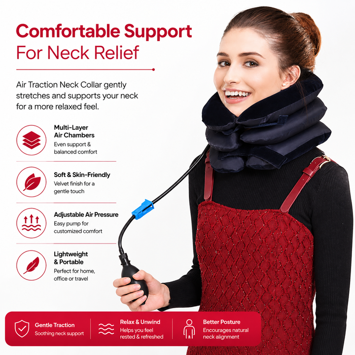 Premium Inflatable Neck Support Collar Pillow Cervical Traction Adjustable Air Neck Brace Posture Support Pain Relief Cushion Portable Travel Neck Relaxer