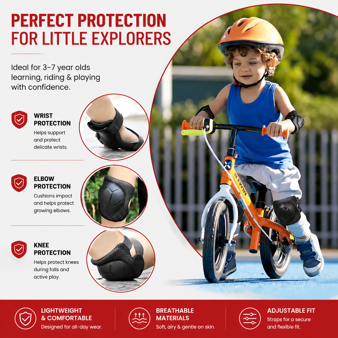 Premium Kids Protective Gear Set Knee Elbow Wrist Guards 6 Piece Safety Pads Adjustable Skating Cycling Skateboard Protection Set Ages 3–7 Boys Girls