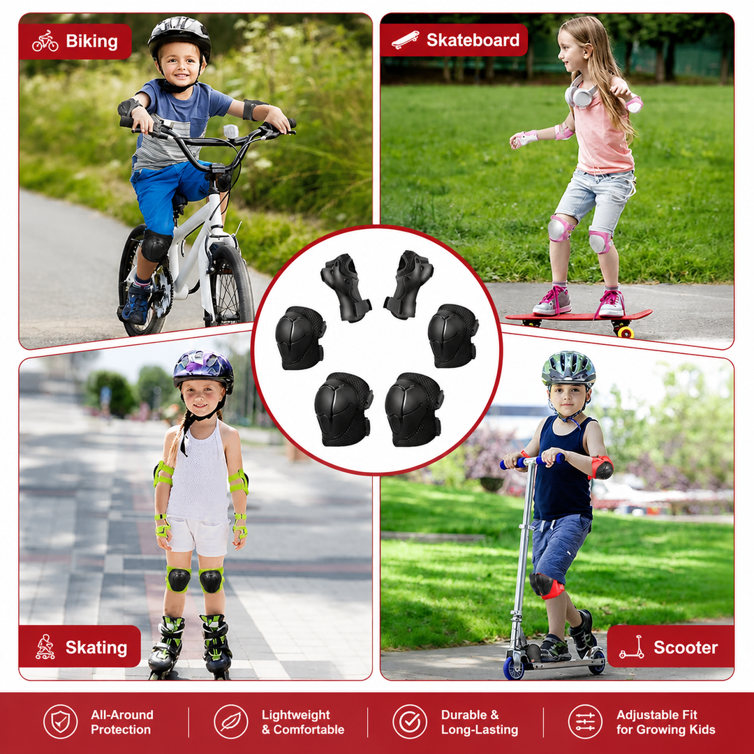 Premium Kids Protective Gear Set Knee Elbow Wrist Guards 6 Piece Safety Pads Adjustable Skating Cycling Skateboard Protection Set Ages 3–7 Boys Girls