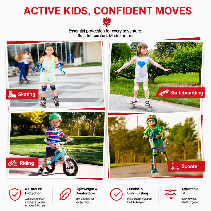 Premium Kids Protective Gear Set Knee Elbow Wrist Guards 6 Piece Safety Pads Adjustable Skating Cycling Skateboard Protection Set Ages 3–7 Boys Girls