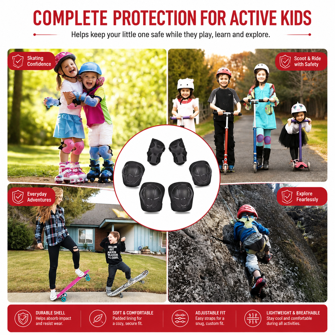 Premium Kids Protective Gear Set Knee Elbow Wrist Guards 6 Piece Safety Pads Adjustable Skating Cycling Skateboard Protection Set Ages 3–7 Boys Girls