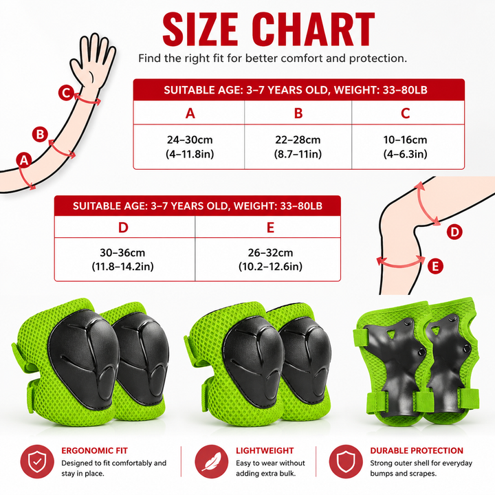 Premium Kids Protective Gear Set Knee Elbow Wrist Guards 6 Piece Safety Pads Adjustable Skating Cycling Skateboard Protection Set Ages 3–7 Boys Girls