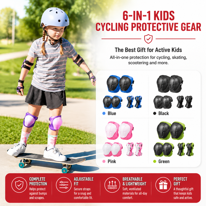 Premium Kids Protective Gear Set Knee Elbow Wrist Guards 6 Piece Safety Pads Adjustable Skating Cycling Skateboard Protection Set Ages 3–7 Boys Girls