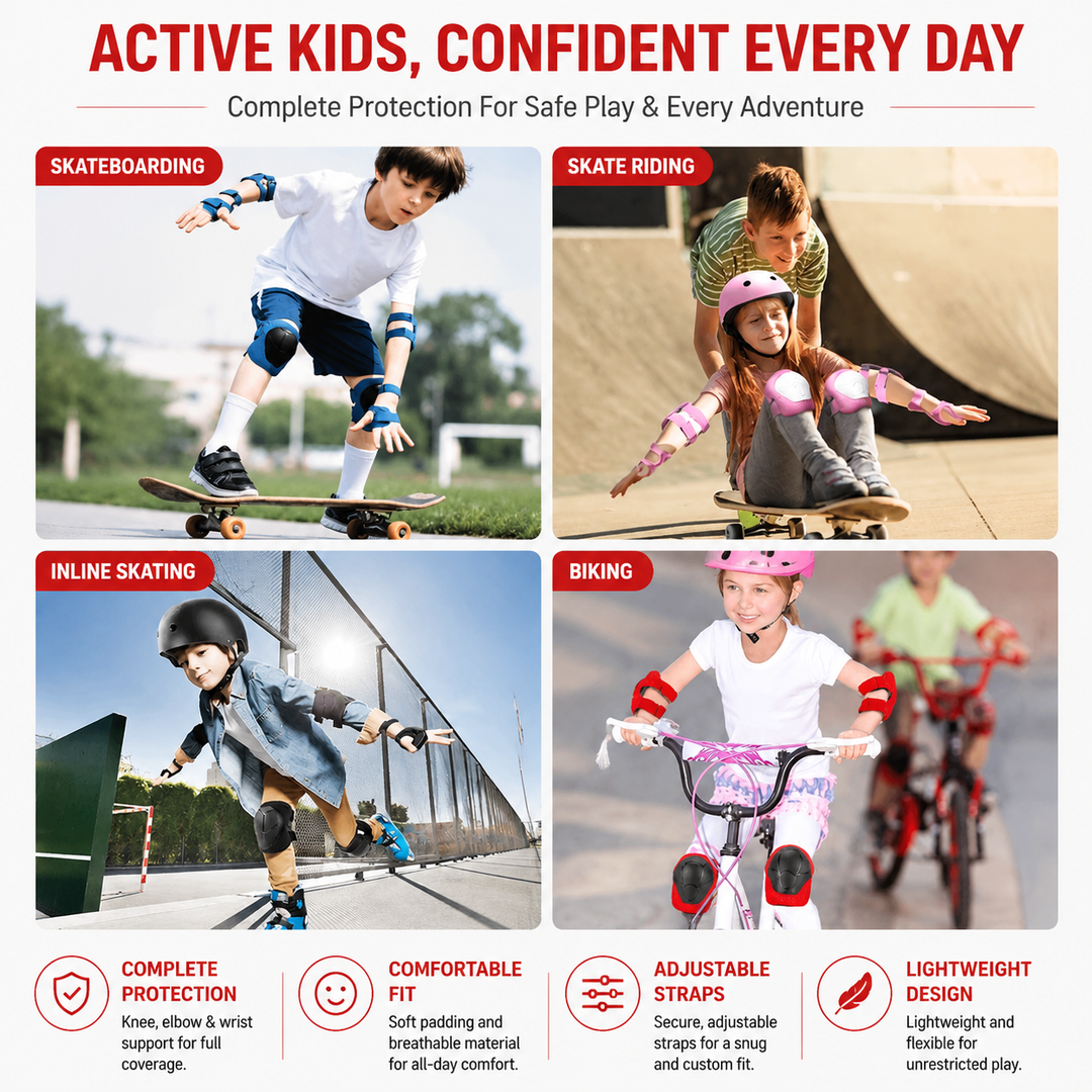 Premium Kids Protective Safety Set Knee Pads Elbow Pads Wrist Guards 6 Pieces Adjustable Safety Gear Ages 3–7 Skating Cycling Skateboard Protective Equipment