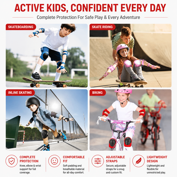 Premium Kids Protective Safety Set Knee Pads Elbow Pads Wrist Guards 6 Pieces Adjustable Safety Gear Ages 3–7 Skating Cycling Skateboard Protective Equipment