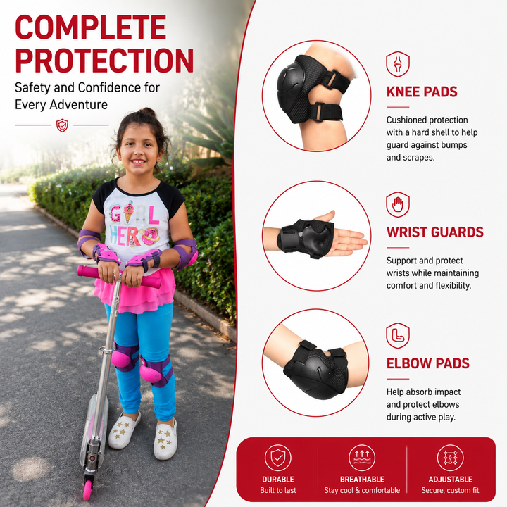 Premium Kids Protective Safety Set Knee Pads Elbow Pads Wrist Guards 6 Pieces Adjustable Safety Gear Ages 3–7 Skating Cycling Skateboard Protective Equipment