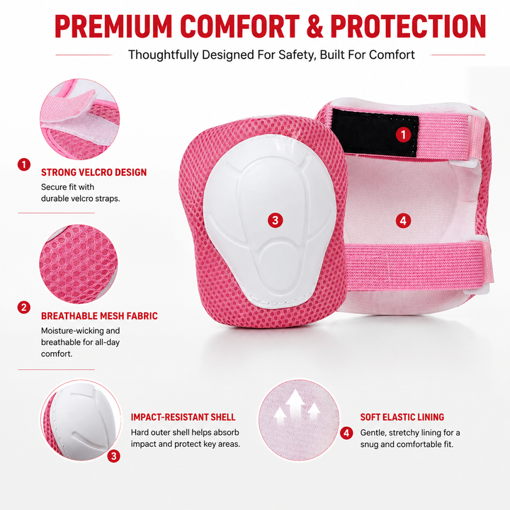 Premium Kids Protective Safety Set Knee Pads Elbow Pads Wrist Guards 6 Pieces Adjustable Safety Gear Ages 3–7 Skating Cycling Skateboard Protective Equipment