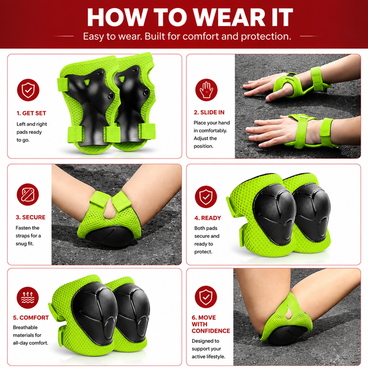 Premium Kids Protective Safety Set Knee Pads Elbow Pads Wrist Guards 6 Pieces Adjustable Safety Gear Ages 3–7 Skating Cycling Skateboard Protective Equipment