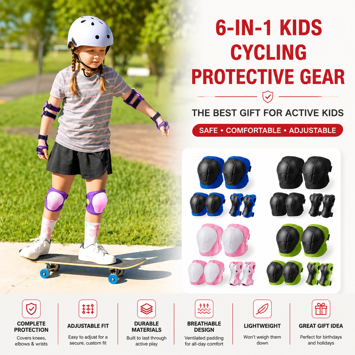 Premium Kids Protective Safety Set Knee Pads Elbow Pads Wrist Guards 6 Pieces Adjustable Safety Gear Ages 3–7 Skating Cycling Skateboard Protective Equipment