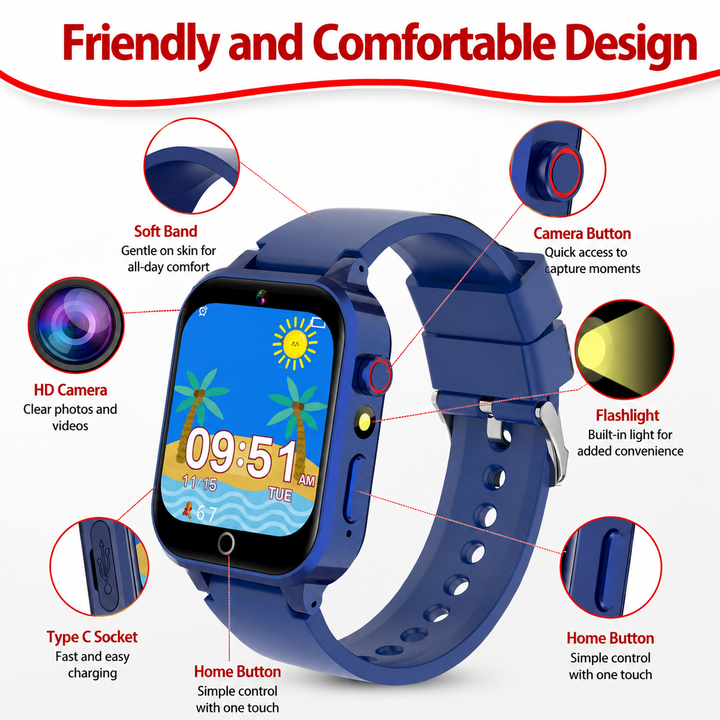 Premium Kids Smartwatch 4G Video Voice Calls GPS Tracker 1.69 Inch HD IP67 WiFi Bluetooth 8GB Android iOS Compatible Activity Tracker Safety Features