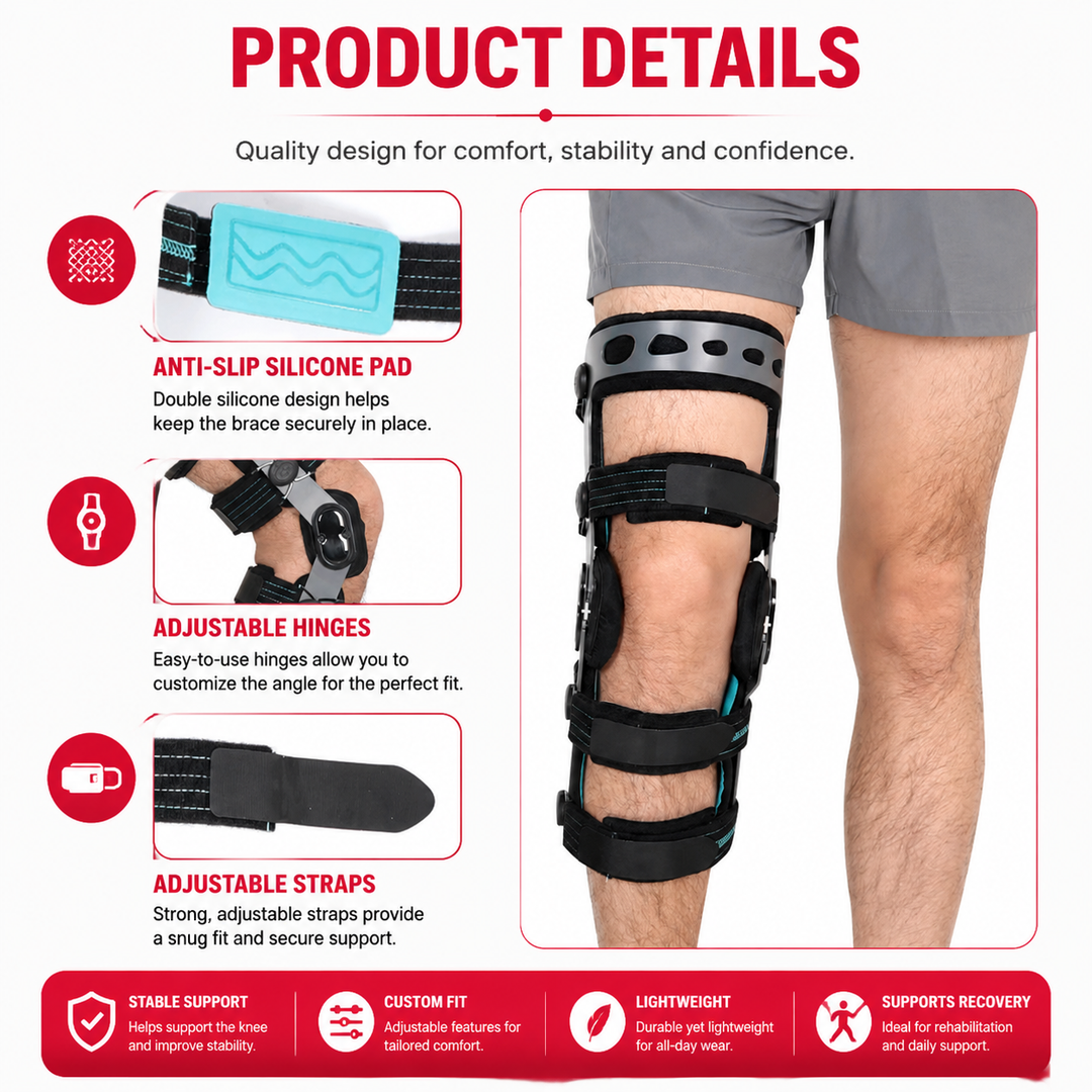 Premium Knee Brace Adjustable Hinged Knee Support ROM Control Aluminum Frame Knee Stabilizer One Size Left Right Sports Work Daily Use Support