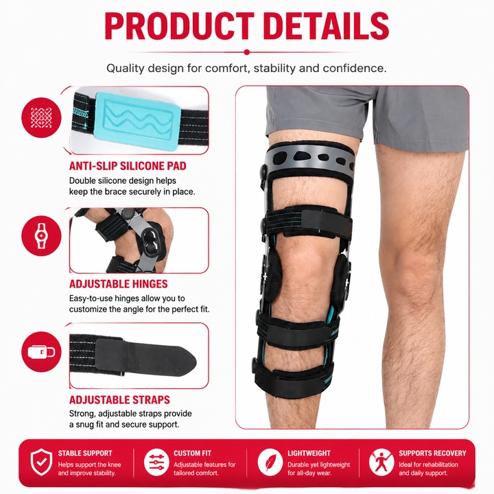 Premium Knee Brace Adjustable Hinged Knee Support ROM Control Aluminum Frame Knee Stabilizer One Size Left Right Sports Work Daily Use Support