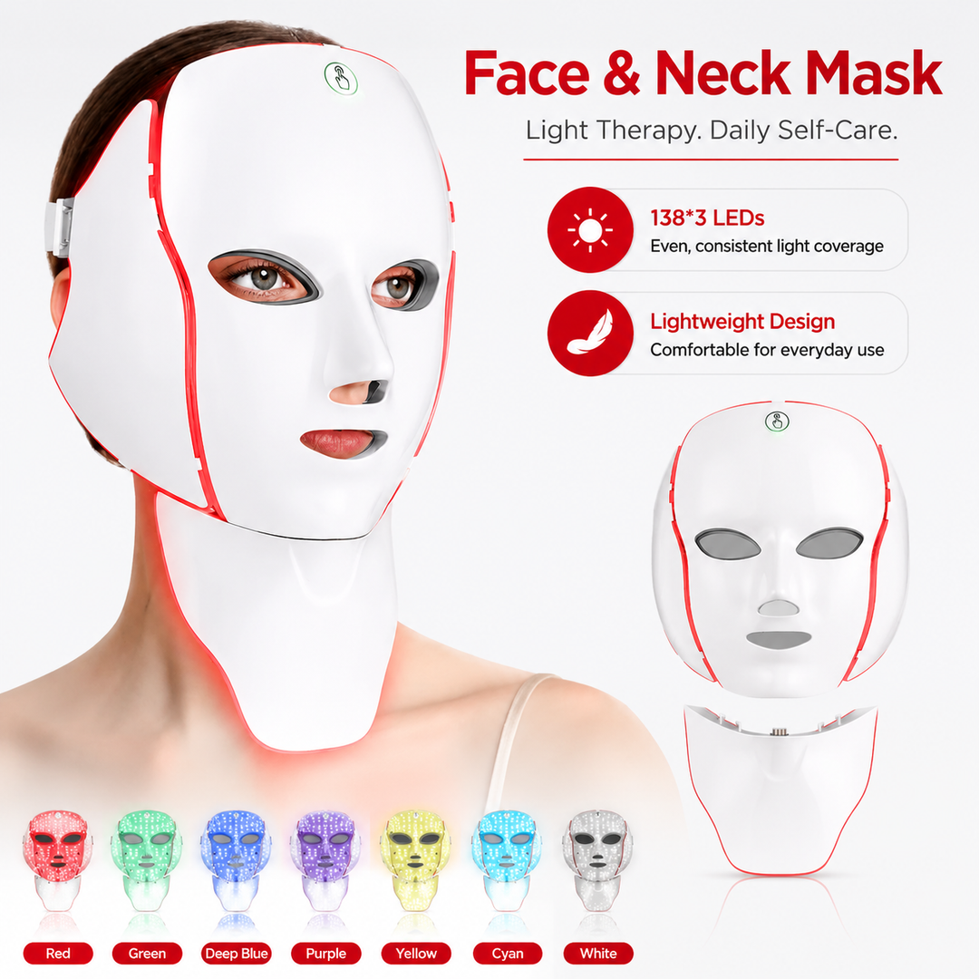 Premium LED Face Mask with Neck Light Therapy 7-Color Red Light Therapy Mask for Skin Firming Wrinkles Pores Acne Care Facial Skincare Device