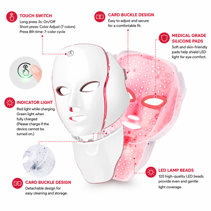 Premium LED Face Mask with Neck Light Therapy 7-Color Red Light Therapy Mask for Skin Firming Wrinkles Pores Acne Care Facial Skincare Device