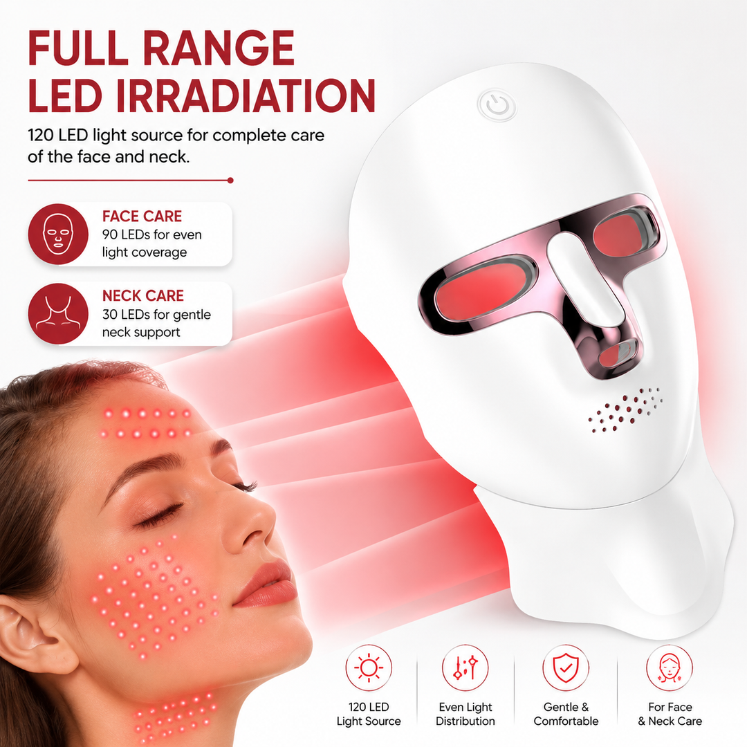 Premium LED Face Mask with Neck Light Therapy 7-Color Wireless Red Light Therapy Mask 120 LEDs for Wrinkles Acne Skin Care Face Neck Device