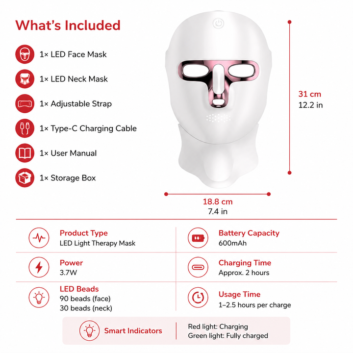 Premium LED Face Mask with Neck Light Therapy 7-Color Wireless Red Light Therapy Mask 120 LEDs for Wrinkles Acne Skin Care Face Neck Device