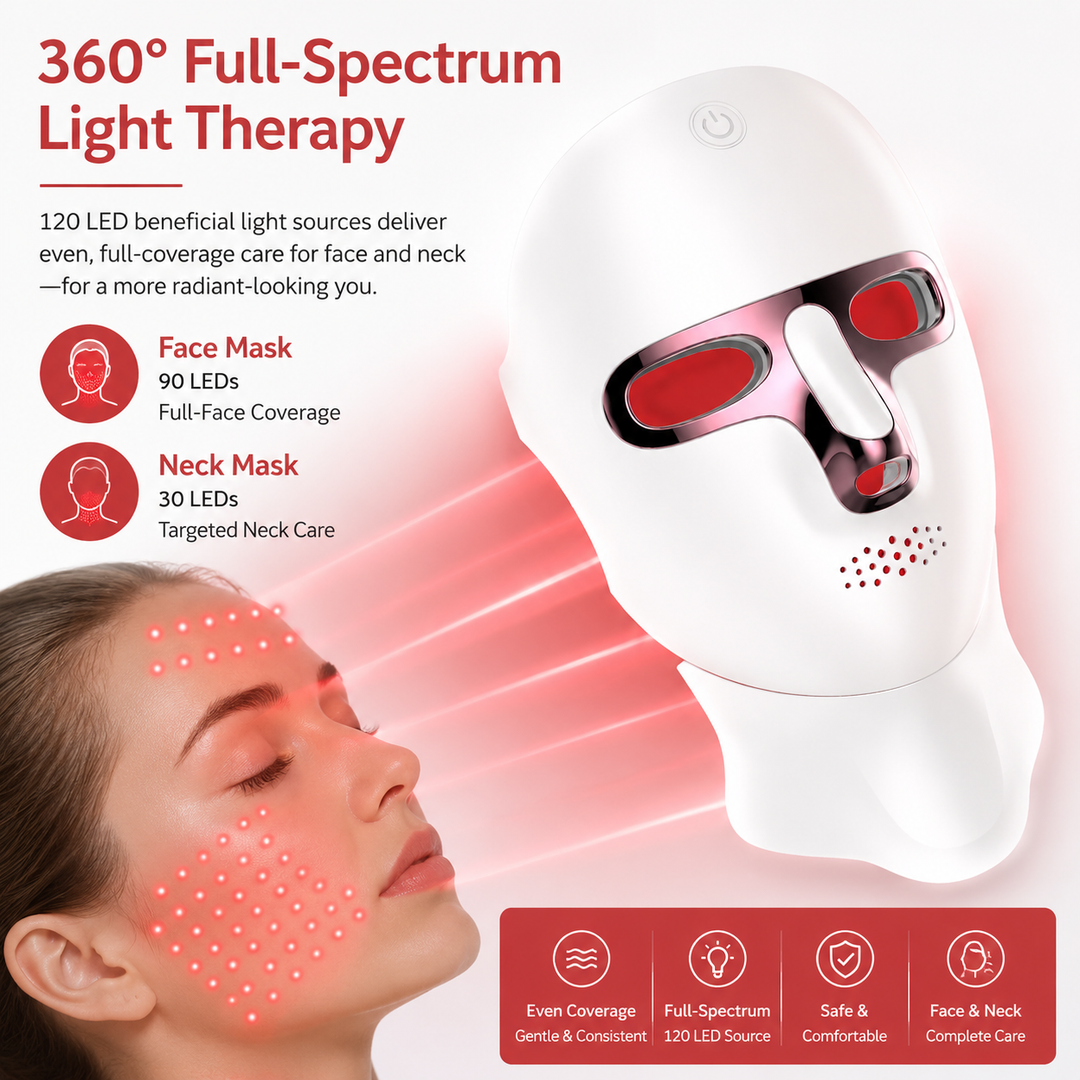 Premium LED Face Mask with Neck Light Therapy 7-Color Wireless Red Light Therapy Mask 120 LEDs for Wrinkles Acne Skin Care Face Neck Device
