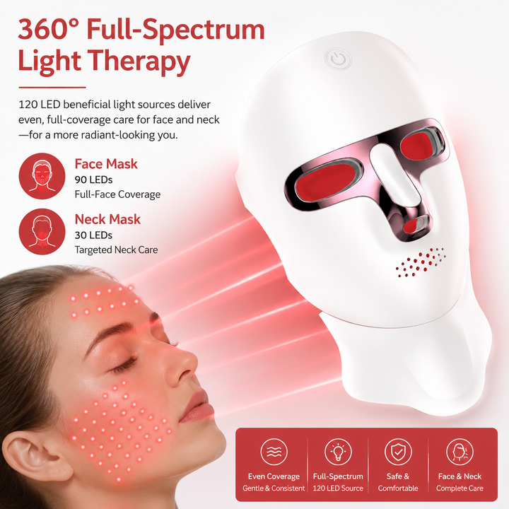 Premium LED Face Mask with Neck Light Therapy 7-Color Wireless Red Light Therapy Mask 120 LEDs for Wrinkles Acne Skin Care Face Neck Device