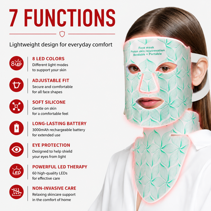 Premium LED Face Mask with Neck Light Therapy 8-Color Red Light Therapy Mask for Skin Firming Wrinkles Acne Care Face Neck Skincare Device