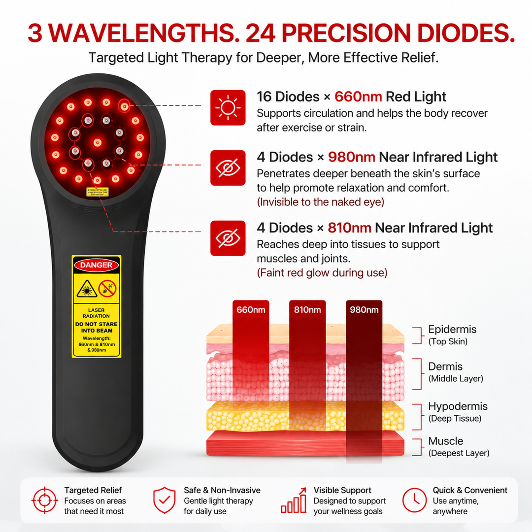 Premium LED Light Device Handheld 808nm 650nm Rechargeable Light Device Adjustable Timer Portable Therapy Tool with Goggles Home Daily Use Device