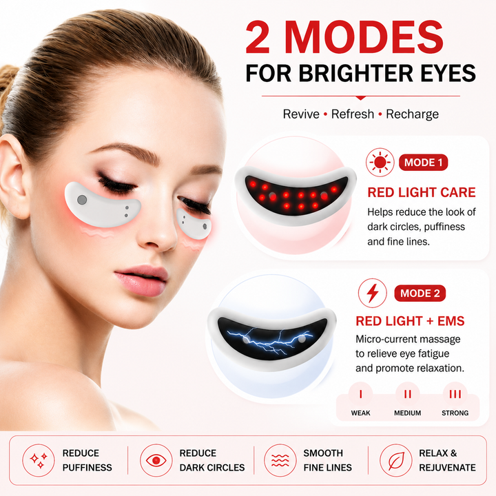Premium LED Red Light Eye Massager EMS Under Eye Wrinkle Care Device Gel Patches Anti Aging Eye Therapy Rechargeable Type-C 2 Modes Auto Shut Off