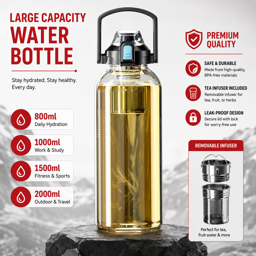 Premium Large Capacity Heat Resistant Glass Tea Cup Portable Drink Bottle 800ml 1000ml 1500ml 2000ml Tea Separation Cup with Lid Straw Travel Mug