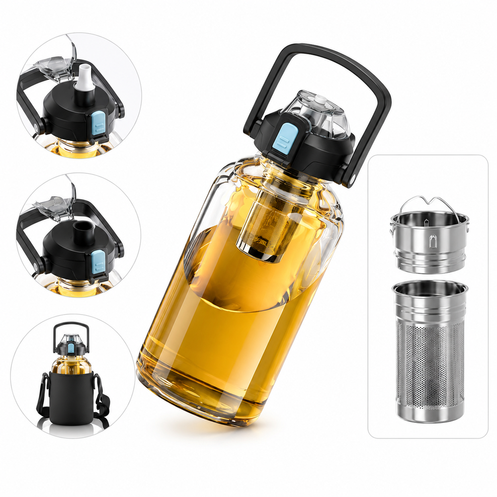 Premium Large Capacity Heat Resistant Glass Tea Cup Portable Drink Bottle 800ml 1000ml 1500ml 2000ml Tea Separation Cup with Lid Straw Travel Mug