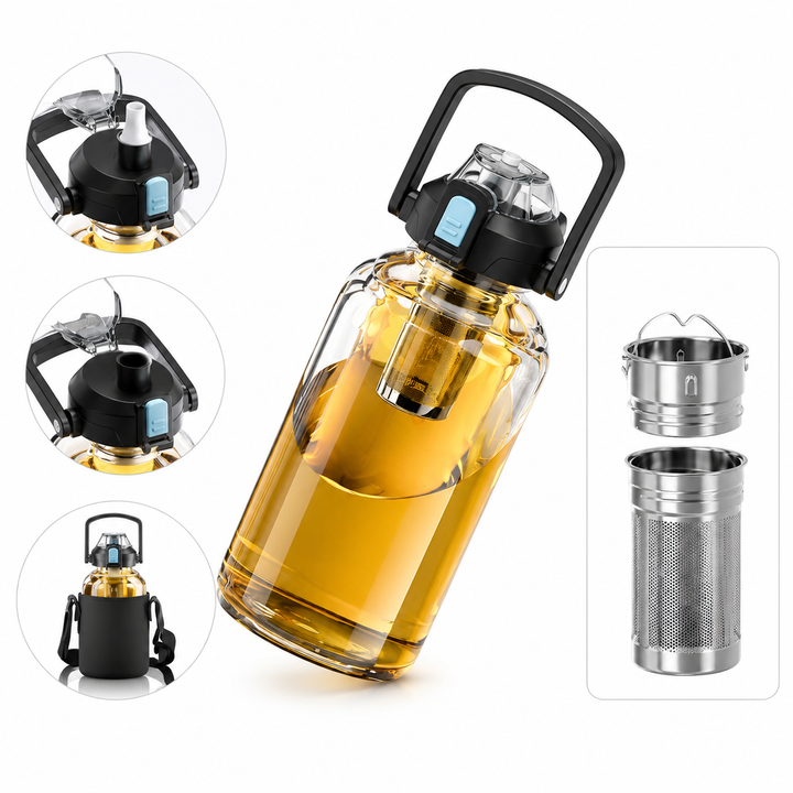 Premium Large Capacity Heat Resistant Glass Tea Cup Portable Drink Bottle 800ml 1000ml 1500ml 2000ml Tea Separation Cup with Lid Straw Travel Mug