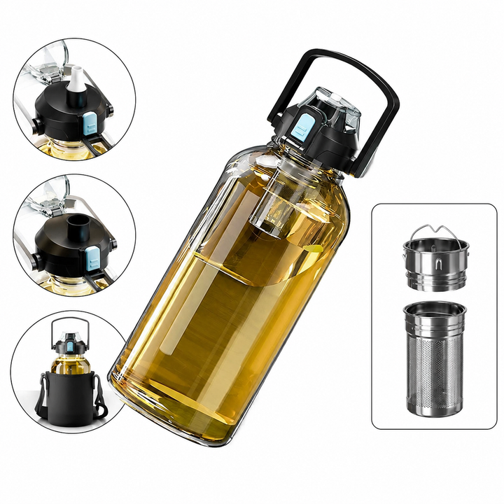 Premium Large Capacity Heat Resistant Glass Tea Cup Portable Drink Bottle 800ml 1000ml 1500ml 2000ml Tea Separation Cup with Lid Straw Travel Mug