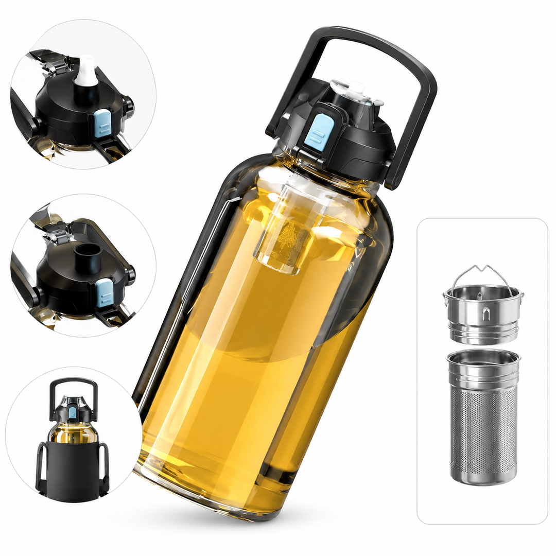 Premium Large Capacity Heat Resistant Glass Tea Cup Portable Drink Bottle 800ml 1000ml 1500ml 2000ml Tea Separation Cup with Lid Straw Travel Mug