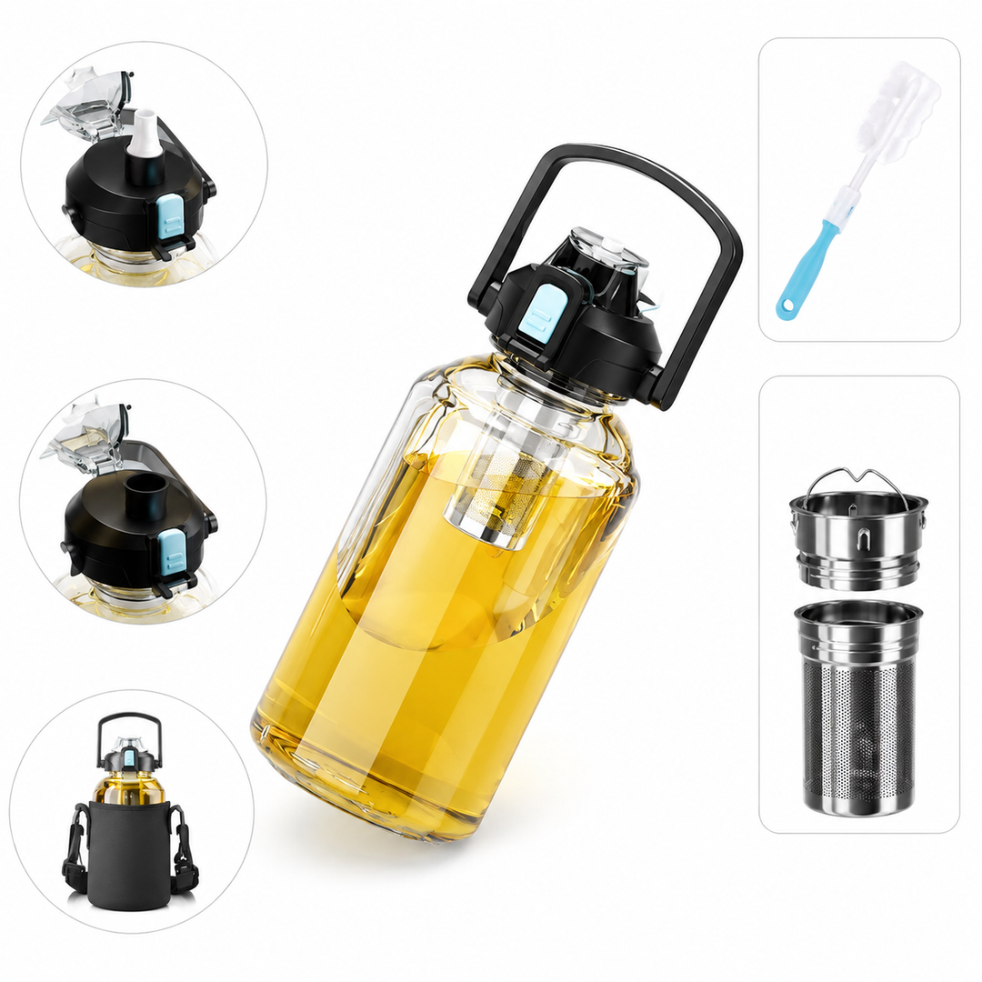 Premium Large Capacity Heat Resistant Glass Tea Cup Portable Drink Bottle 800ml 1000ml 1500ml 2000ml Tea Separation Cup with Lid Straw Travel Mug