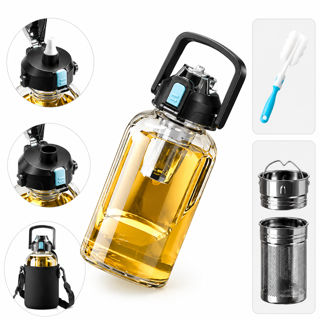 Premium Large Capacity Heat Resistant Glass Tea Cup Portable Drink Bottle 800ml 1000ml 1500ml 2000ml Tea Separation Cup with Lid Straw Travel Mug