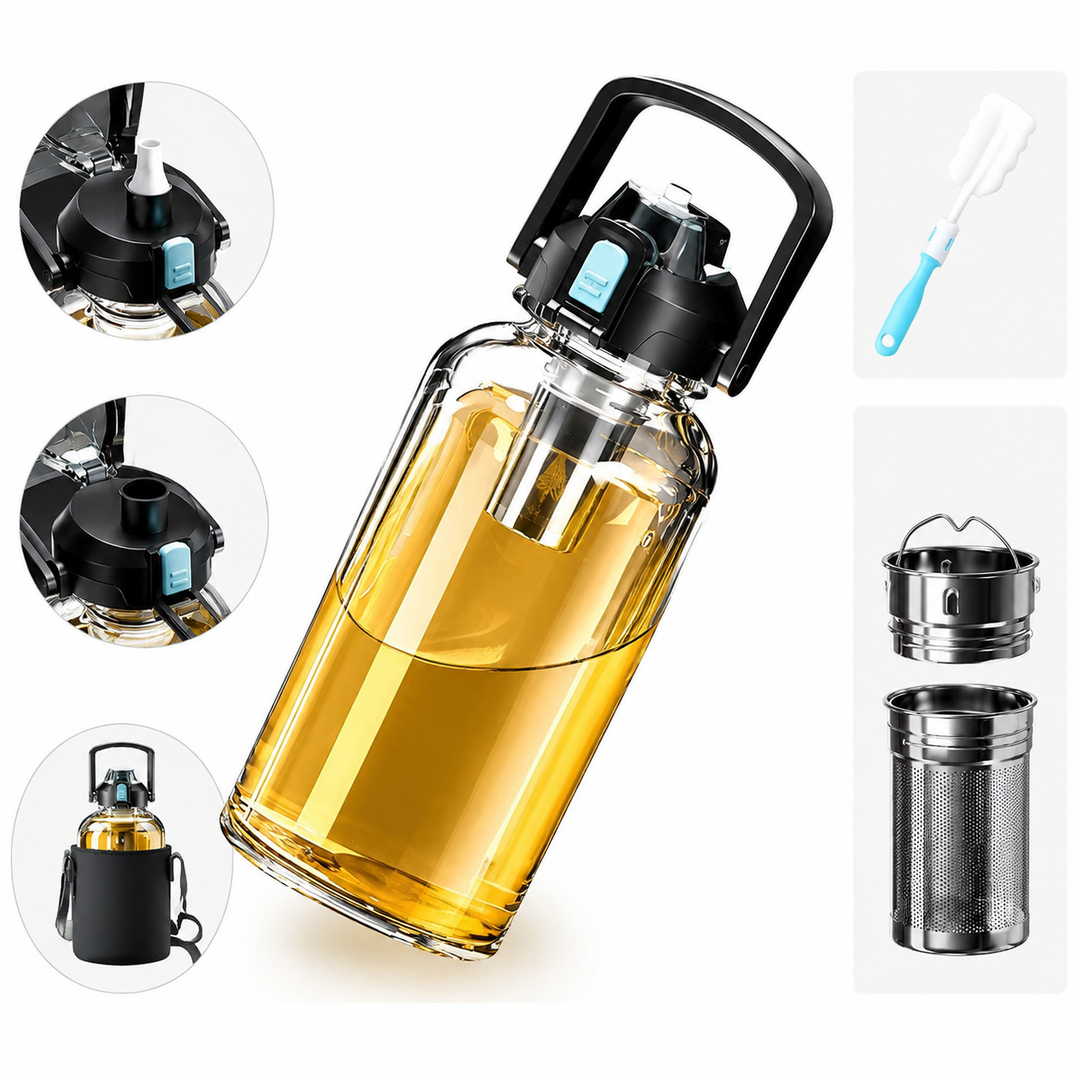 Premium Large Capacity Heat Resistant Glass Tea Cup Portable Drink Bottle 800ml 1000ml 1500ml 2000ml Tea Separation Cup with Lid Straw Travel Mug