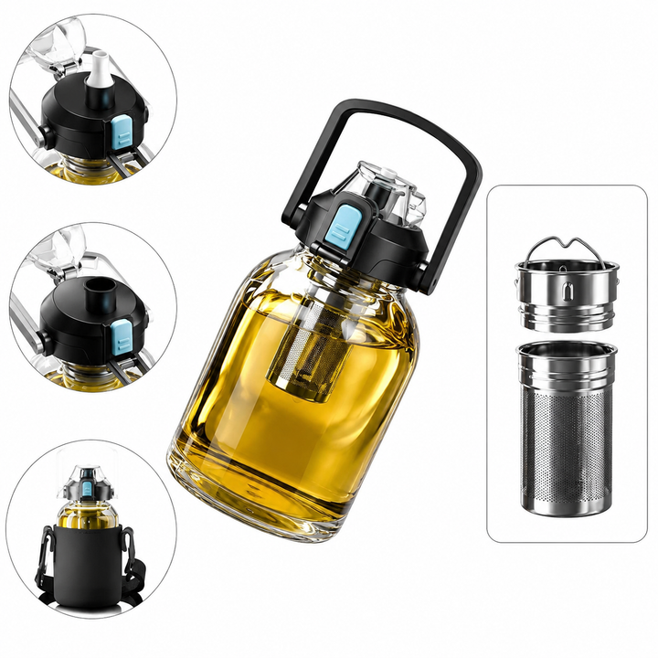 Premium Large Capacity Heat Resistant Glass Tea Cup Portable Drink Bottle 800ml 1000ml 1500ml 2000ml Tea Separation Cup with Lid Straw Travel Mug