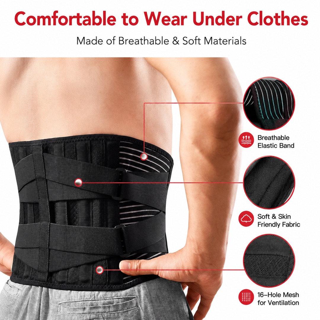 Premium Lower Back Support Brace 6 Stays Lumbar Support Belt Adjustable Compression Waist Belt Gym Sitting Posture Gym Back Support Anti-Slip