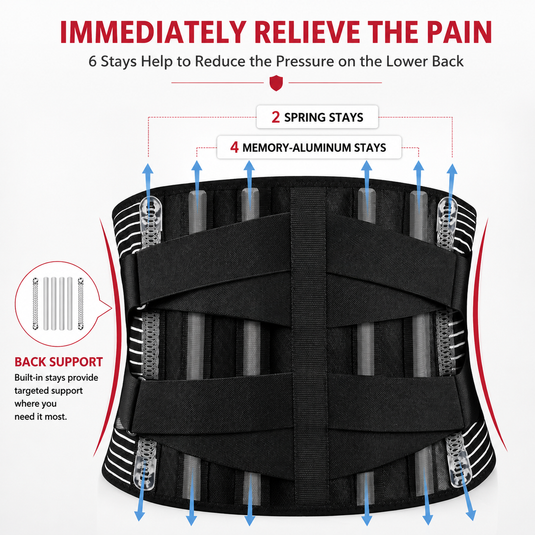 Premium Lower Back Support Brace 6 Stays Lumbar Support Belt Adjustable Compression Waist Belt Gym Sitting Posture Gym Back Support Anti-Slip